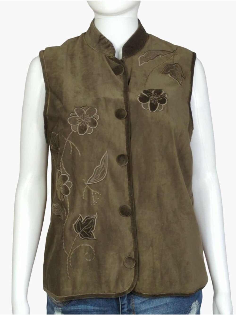 Vintage Jessica Holbrook Small Quilted Floral Embroidered Button Vest Olive Gree